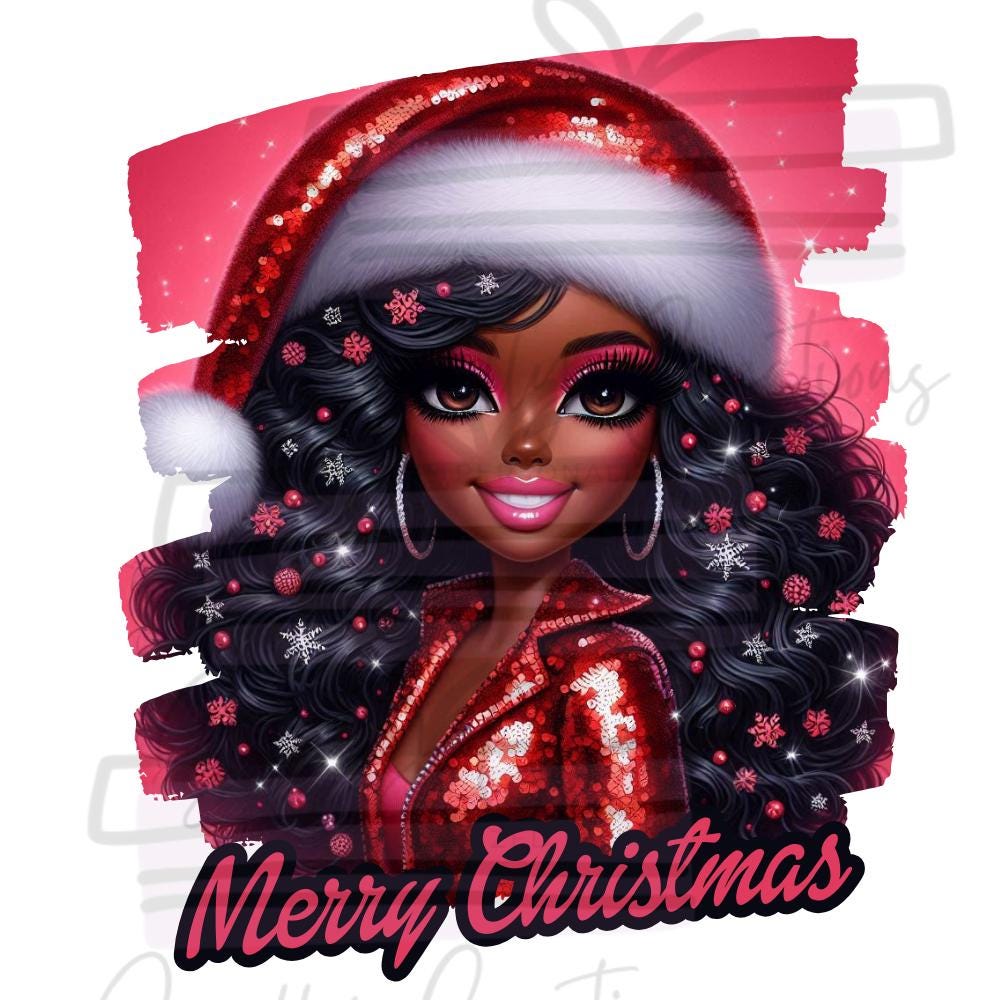DIGITAL DOWNLOAD Glitter Black Fashion Girl Christmas Digital File, Black Barbi, Holiday Shirts, Girl Shirt, Christmas Girl PNG, Instant Download