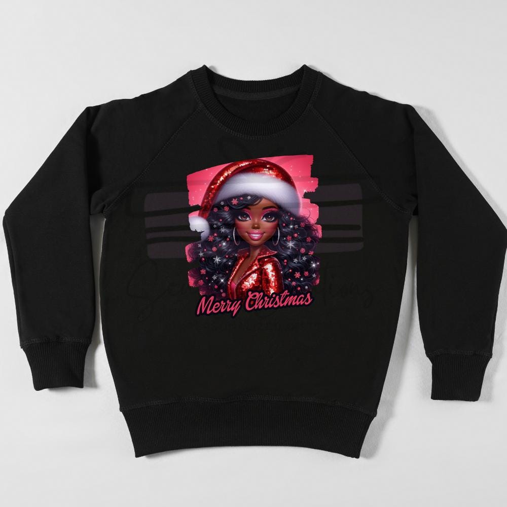 DIGITAL DOWNLOAD Glitter Black Fashion Girl Christmas Digital File, Black Barbi, Holiday Shirts, Girl Shirt, Christmas Girl PNG, Instant Download