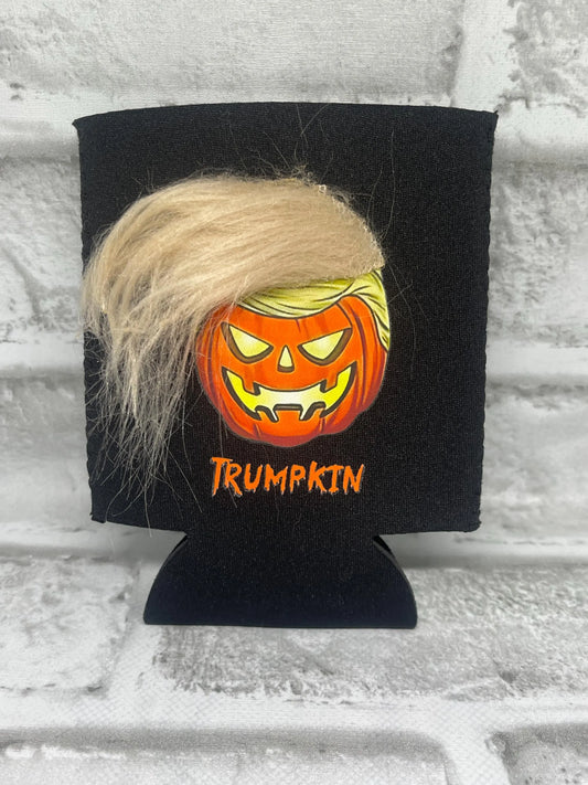 Trump-themed beer koozie with fake blonde hair